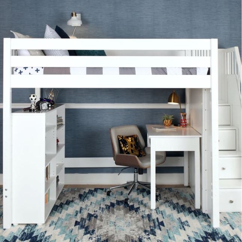 Maxtrix Full High Loft Bed with Stairs + Desk (800 Lbs. Rating) Chestnut Panel Long Desk