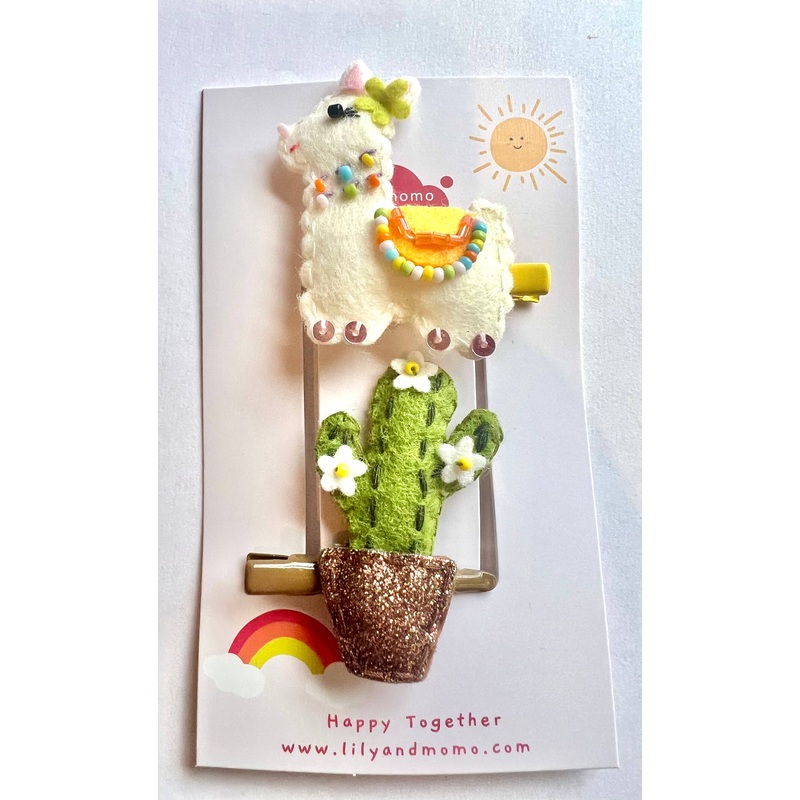 Llama Drama Hair Clips- Green and White