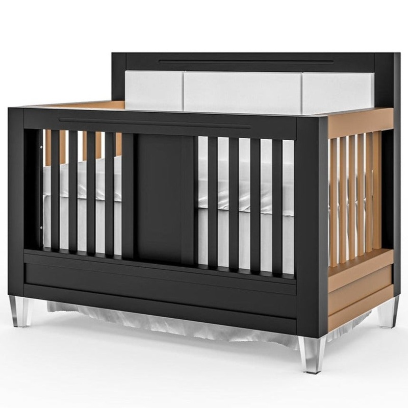 Romina Millenario Convertible Crib (Tufted) Solid Black Metallic Gold Beige Linen