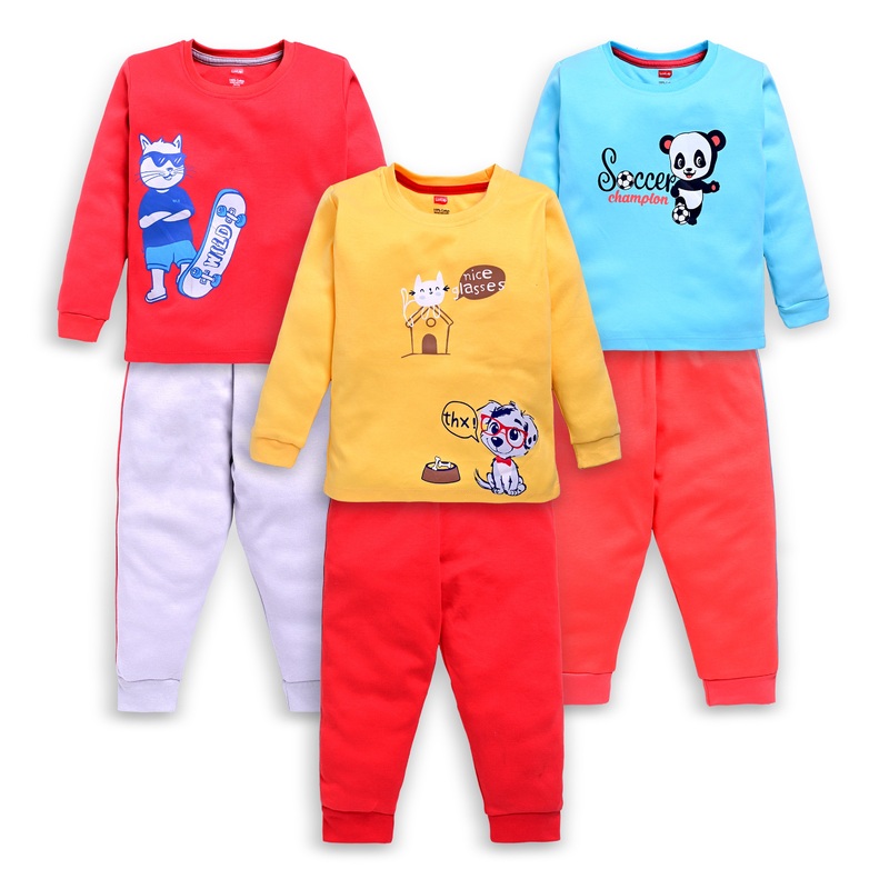 Baby Boys 100% Cotton Full Sleeve Boys T-Shirt & Pyjama Sets Pack Of 3, Aqua, Sunflower & Aurora Red M – 3 to 6 Months