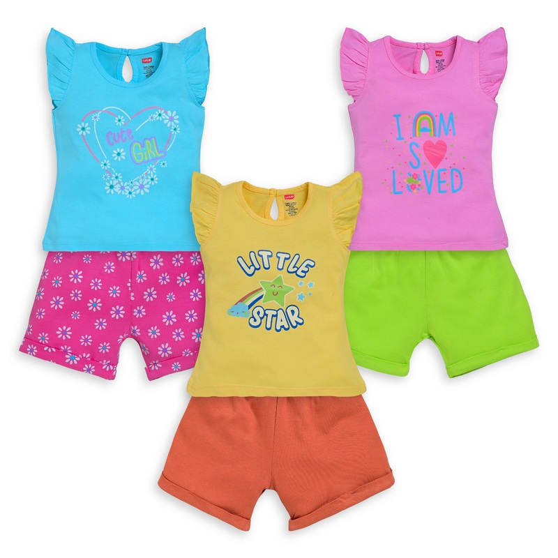 Baby Girls Pack Of 3 Half Sleeve Top & Shorts Set 100% Cotton M – 3 to 6 Months
