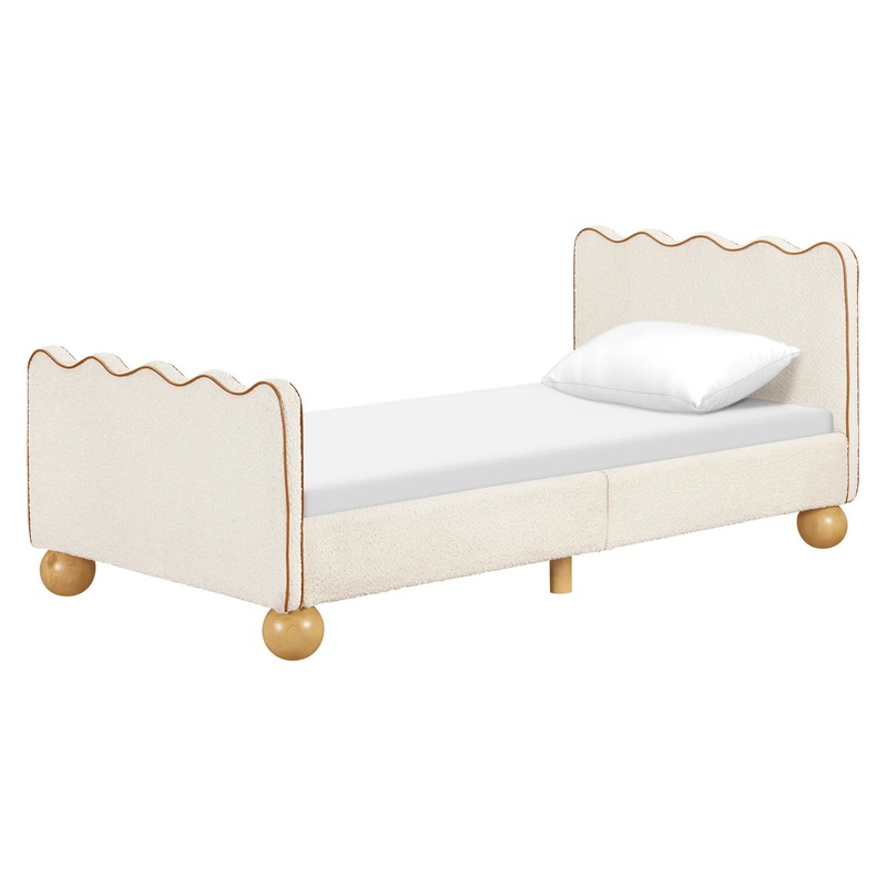Babyletto Kids Rizo Twin Bed Performance Ivory Boucle w/ Vegan Tan Leather Piping