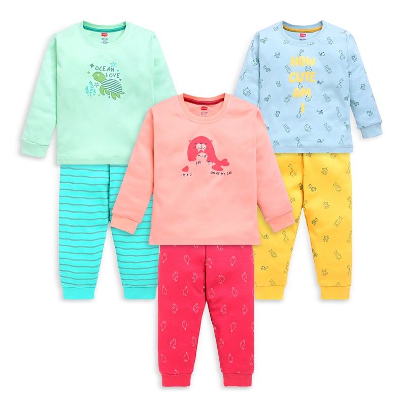 Baby Boys 100% Cotton Full Sleeve Boys T-Shirt & Pyjama Sets Pack Of 3, Peach, Misty Blue & Sea Green M – 3 to 6 Months
