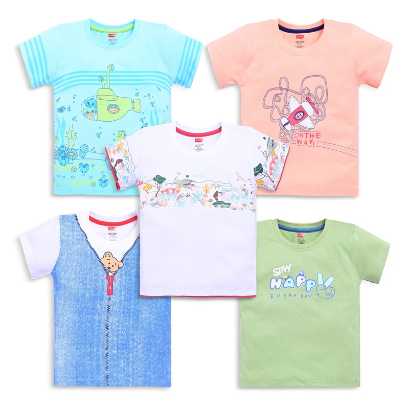 Baby Boys Regular Fit 100% Cotton Half Sleeve Boys T-Shirt Pack Of 5, Lilac Snow, Supra, Mango, Light Peach & White M – 3 to 6 Months