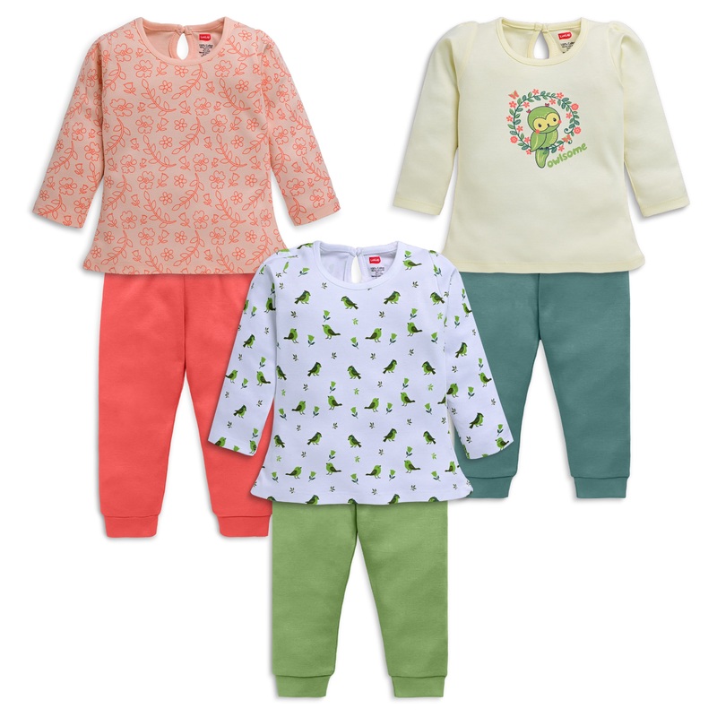 Baby Girls Pack Of 3 Full Sleeve Top & Pyjama Set 100% Cotton M – 3 to 6 Months