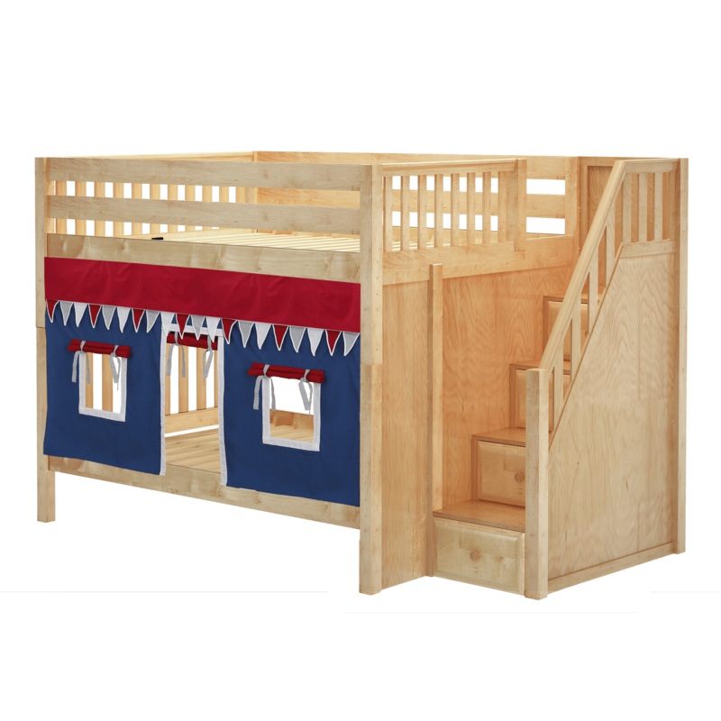 Maxtrix Full Medium Bunk Bed with Stairs + Curtain (800 Lbs. Rating) White Panel Blue + Red + Yellow