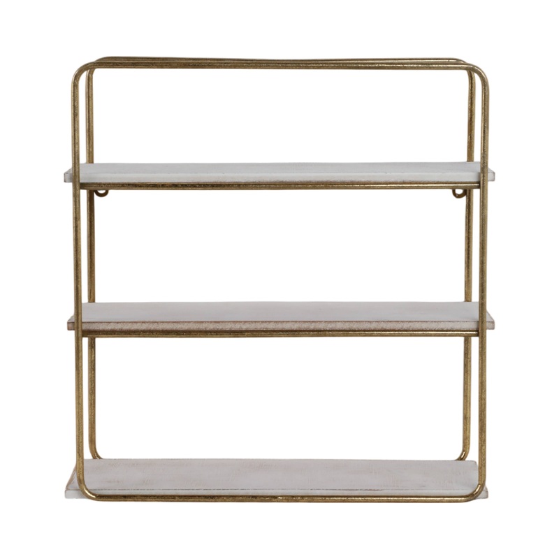 Metal Wood Rustic Three-Tier Wall Shelf – Gold, 19 in.