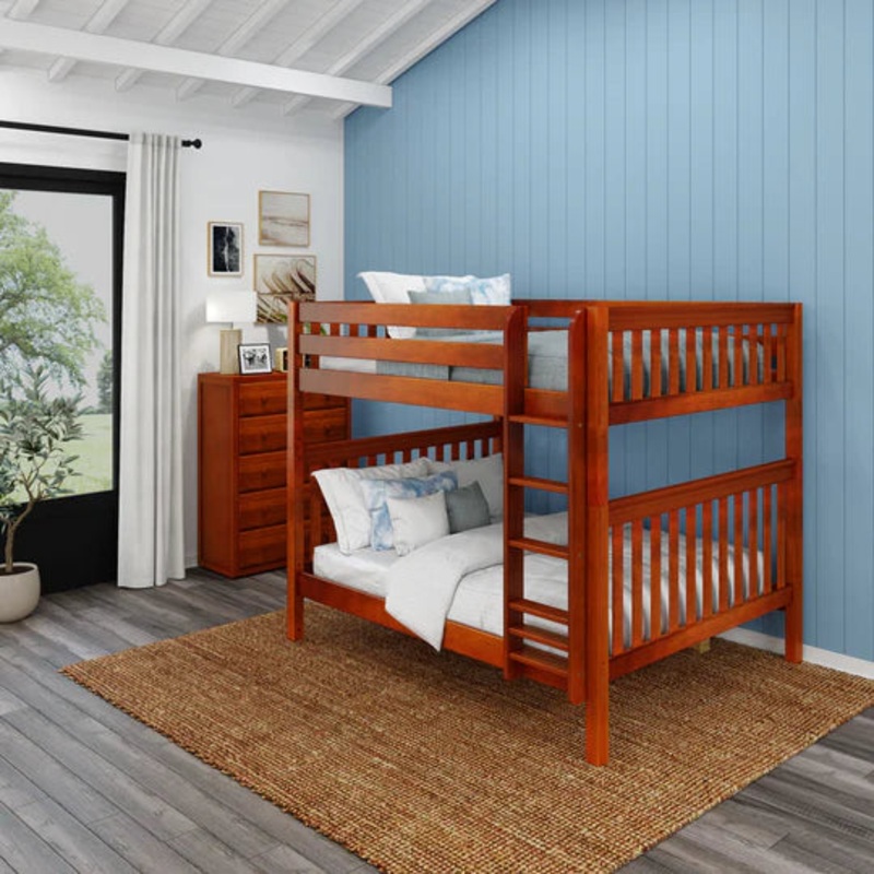 Maxtrix Queen High Bunk Bed (800 Lbs. Rating) Chestnut Slat Straight Ladder Front