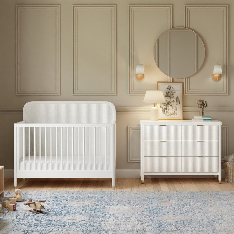 Namesake Brimsley Tambour 4-1  Convertible Crib & 6 Drawer Dresser Warm White