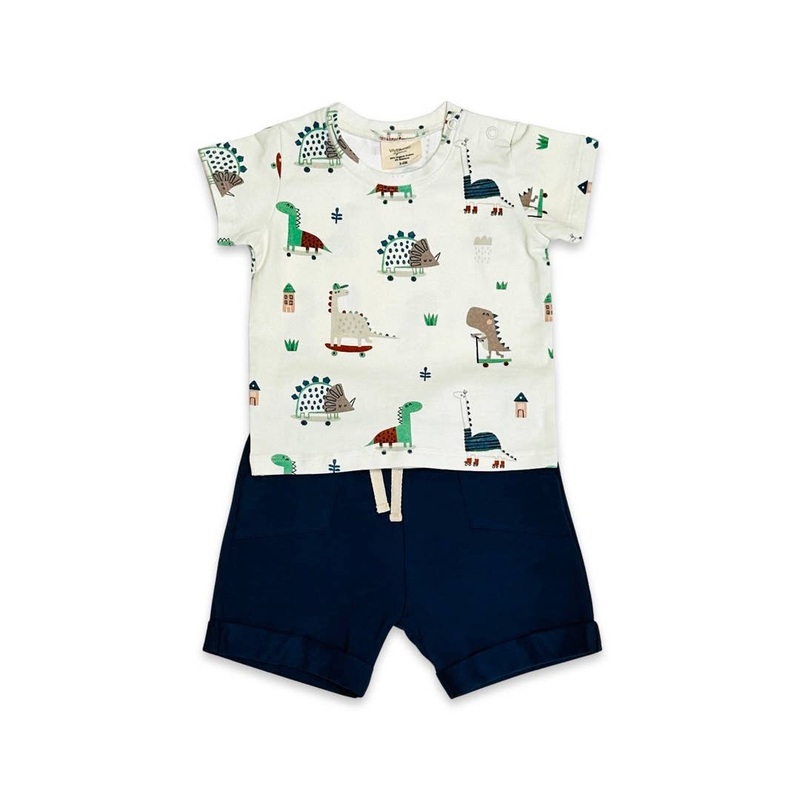 Skater Dino Baby Pocket Tee + Shorts Set (Organic Jersey) Natural 0-3M