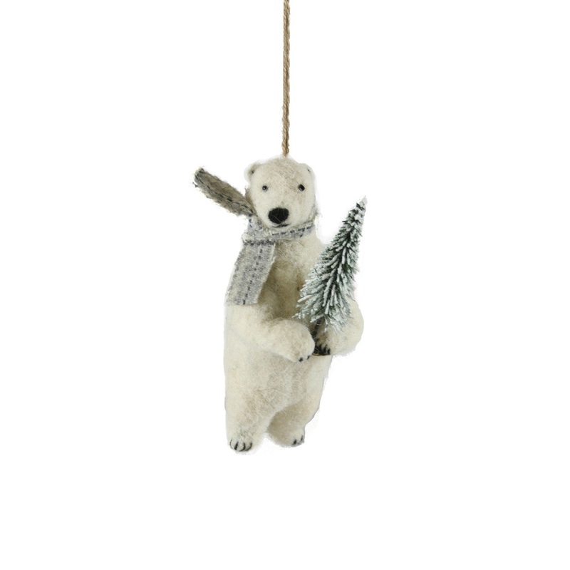 Felt Polar Bear Holding  Tree Ornament