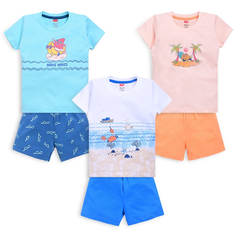 Baby Boys Regular Fit 100% Cotton Half Sleeves Boys T-Shirts and & Shorts Sets Pack Of 3, White, Light Peach & Aqua M – 3 to 6 Months