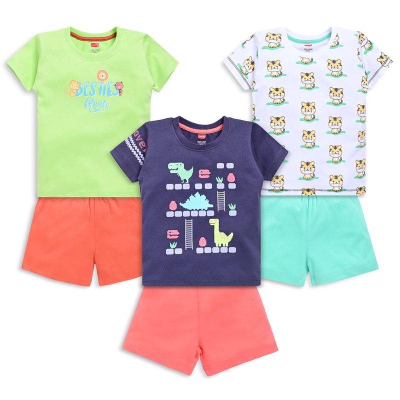 Baby Boys Regular Fit 100% Cotton Half Sleeves Boys T-Shirts and & Shorts Sets Pack Of 3, White, Steel Grey & Sharp Green M – 3 to 6 Months