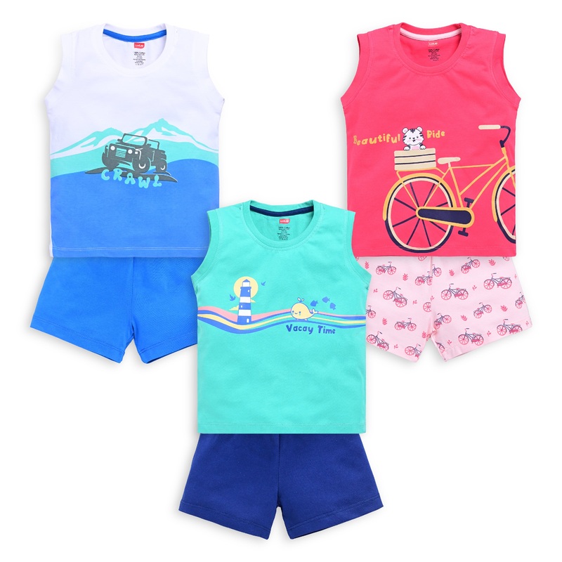 Baby Boys 100% Cotton Sleeveless Boys Tank Top & Shorts Sets Pack Of 3, Coral Red, Aqua Green & White M – 3 to 6 Months
