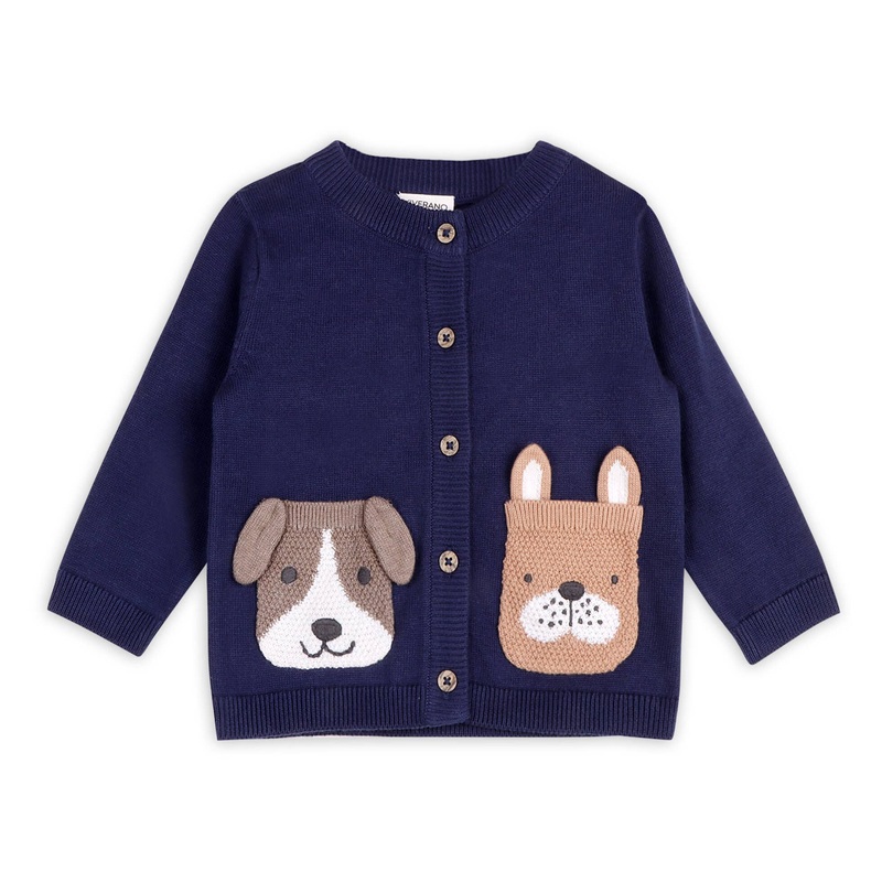 Dog Pocket Embroidered Sweater Knit Baby Cardigan 0-3M Navy Blue