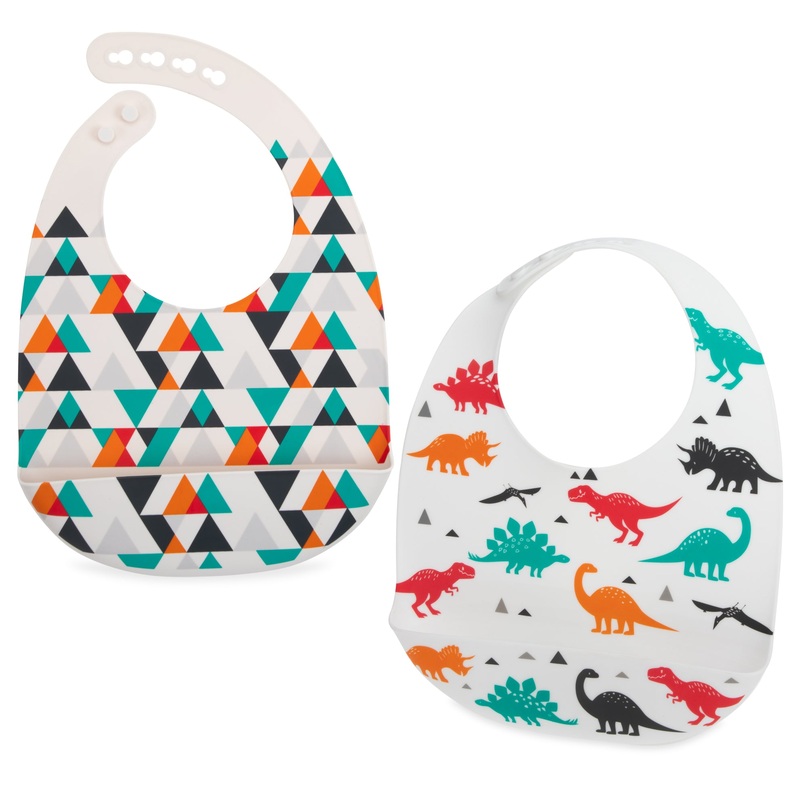 Silicone Bib with Crumb Catcher (2 Pack) Triangles & Dinosaurs