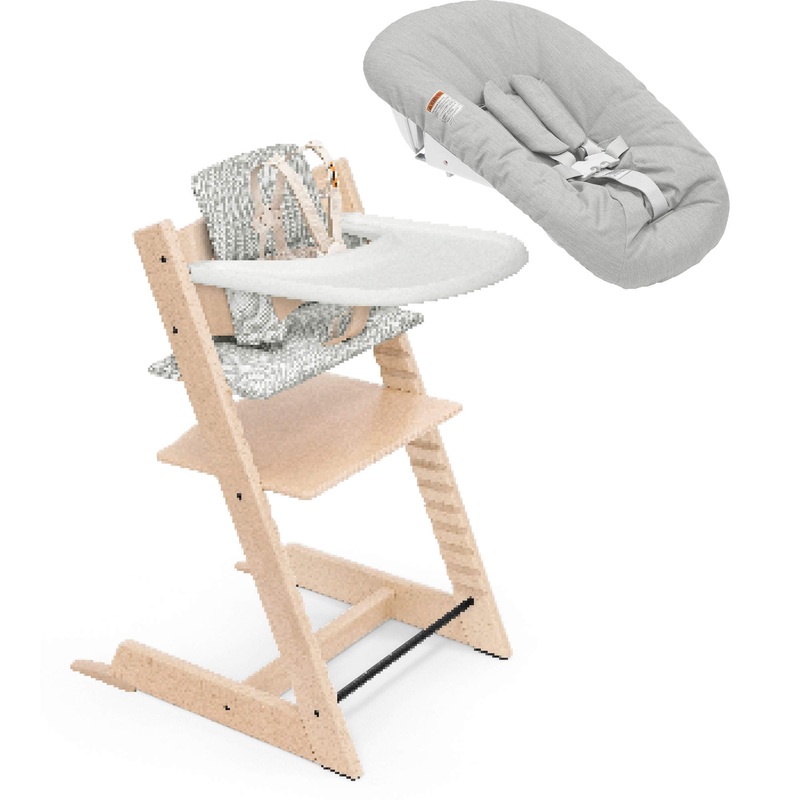 Stokke Tripp Trapp High Chair with Cushion, Newborn Tray and Newborn Set Natural + Nordic Grey Cushion