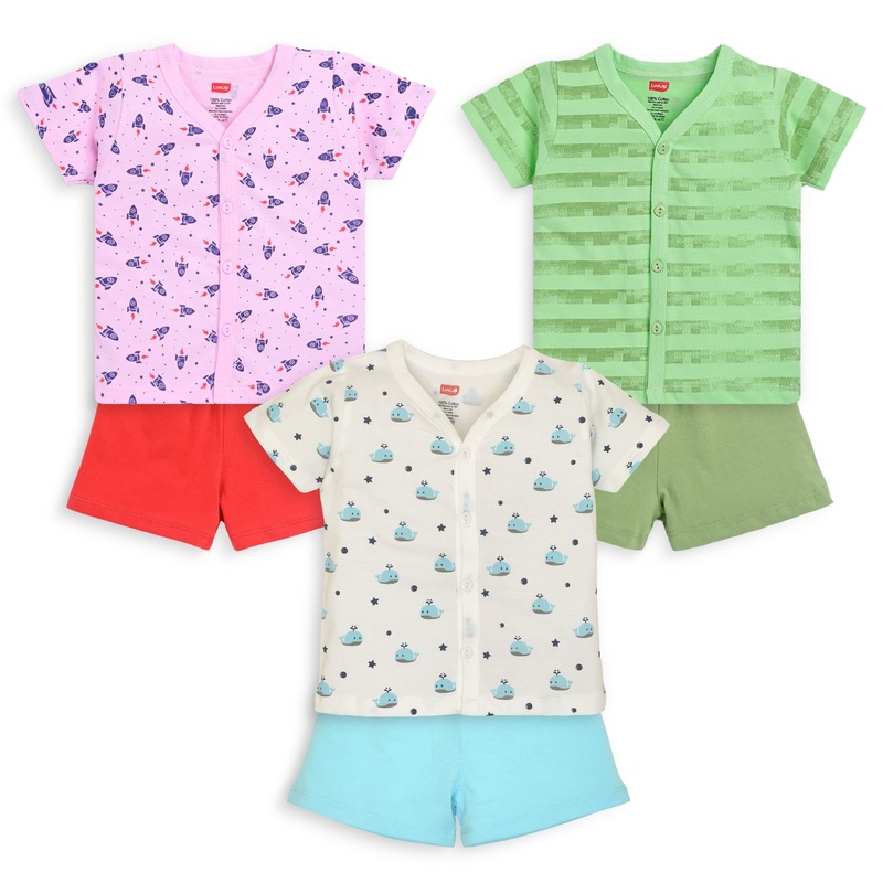 Baby Boys & Baby Girls Pack Of 3 Half Sleeve Jhabla & Shorts Set 100% Cotton S – 1 to 3 months