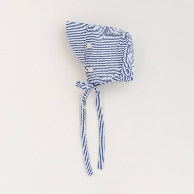 Navy Stripe Seersucker Bonnet Baby SALE 3-6 Months