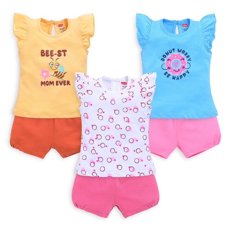 Baby Girls 100% Cotton Sleeveless Girls Top & Shorts Sets Pack Of 3 M – 3 to 6 Months