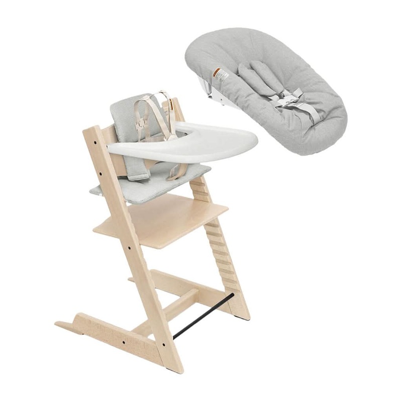 Stokke Tripp Trapp High Chair 2 with Cushion, Newborn Set and Stokke Tray Natural with Nordic Grey