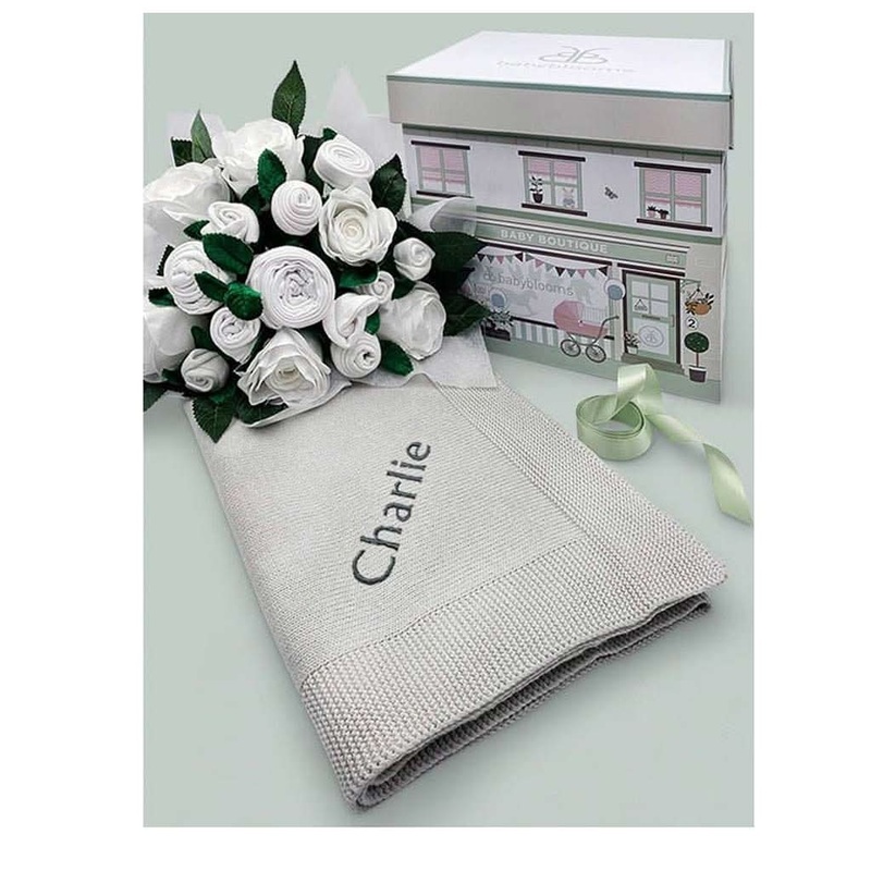 Babyblooms Luxury Rose Baby Clothes Bouquet and Personalized Baby Blanket Grey