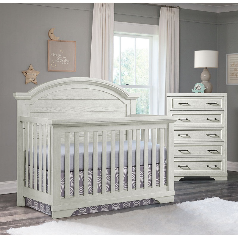Westwood Foundry 2 Piece Nursery Set – Arched Crib and 5 Drawer Chest in White Dove