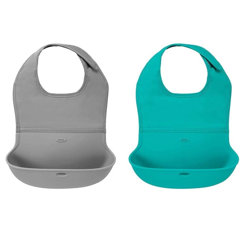 OXO TOT 2-Piece Waterproof Silicone Roll Up Bib with Comfort-Fit Fabric Neck Gray And Teal
