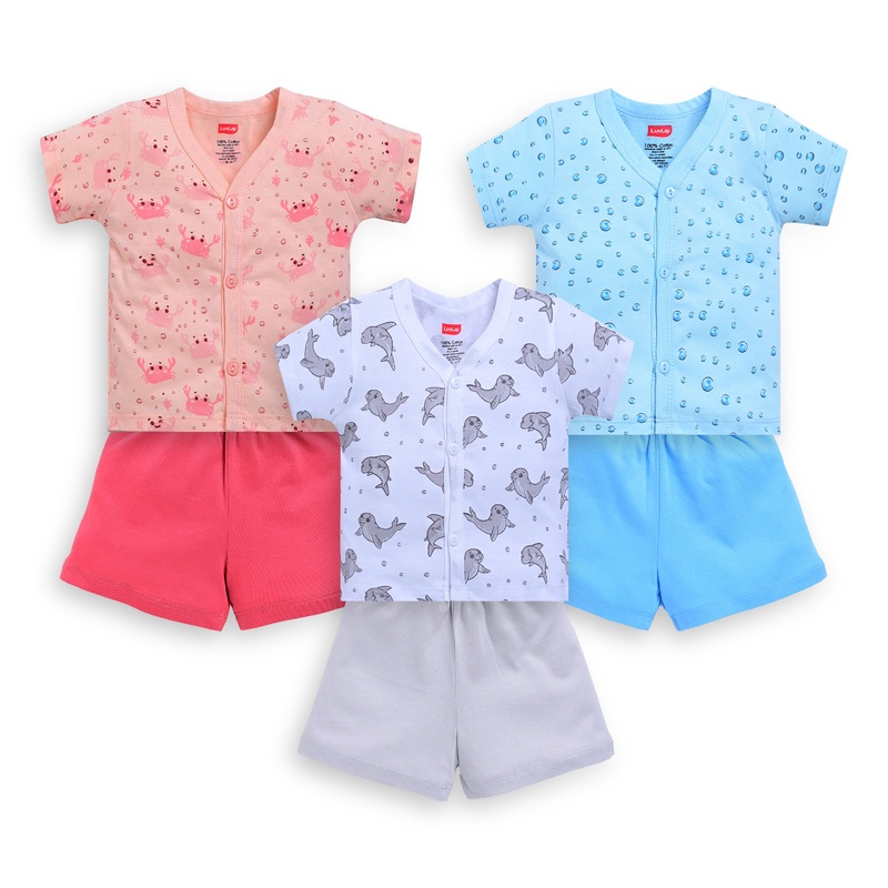 Baby Boys & Girls Regular Fit 100% Cotton Half Sleeve Jhabla & Shorts Sets Pack Of 3 S – 1 to 3 months