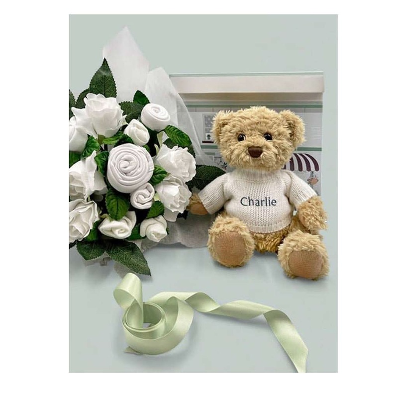 Babyblooms Luxury Rose Baby Clothes Bouquet and Personalized Teddy Bear White