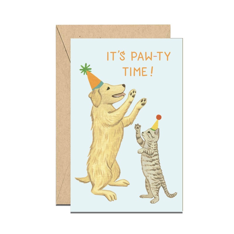 Paw-ty Time Dog and Cat with Birthday Hats Birthday Mini Enclosure Card