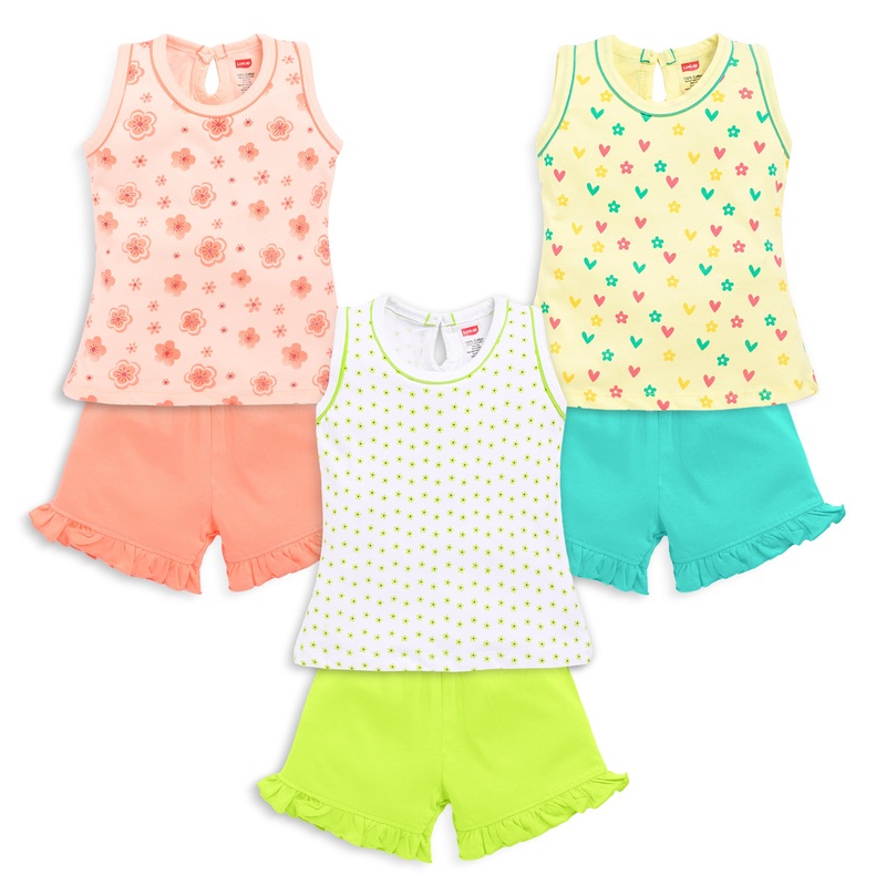 Baby Girls Pack Of 3 Sleeveless Top & Shorts Set 100% Cotton M – 3 to 6 Months