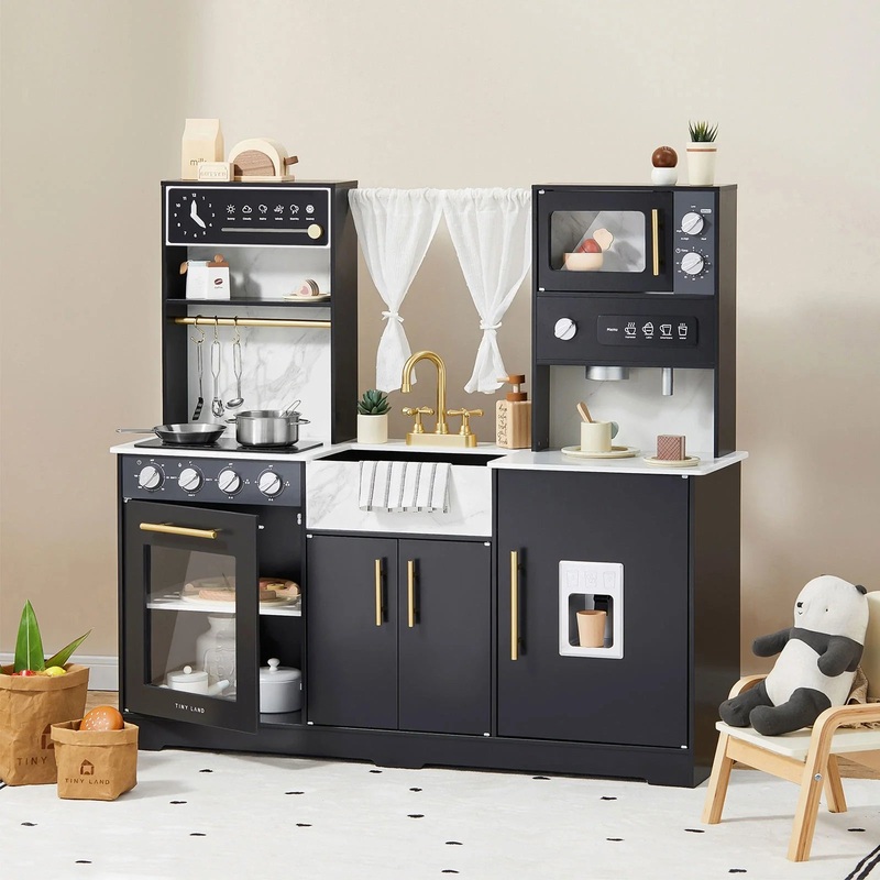 Tiny Land Iconic Wooden Play Kitchen  Black Pretend Cooking Set for Kids