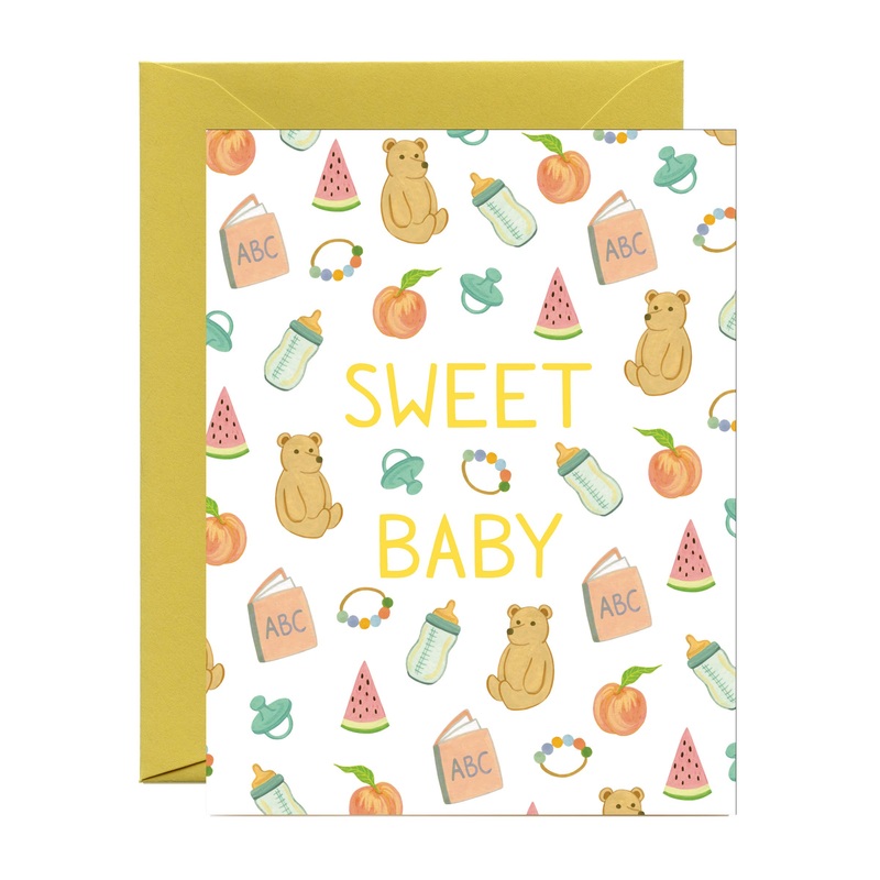 Sweet Baby with Watermelon, Peach, Milk Bottle, Teddy Bear Card