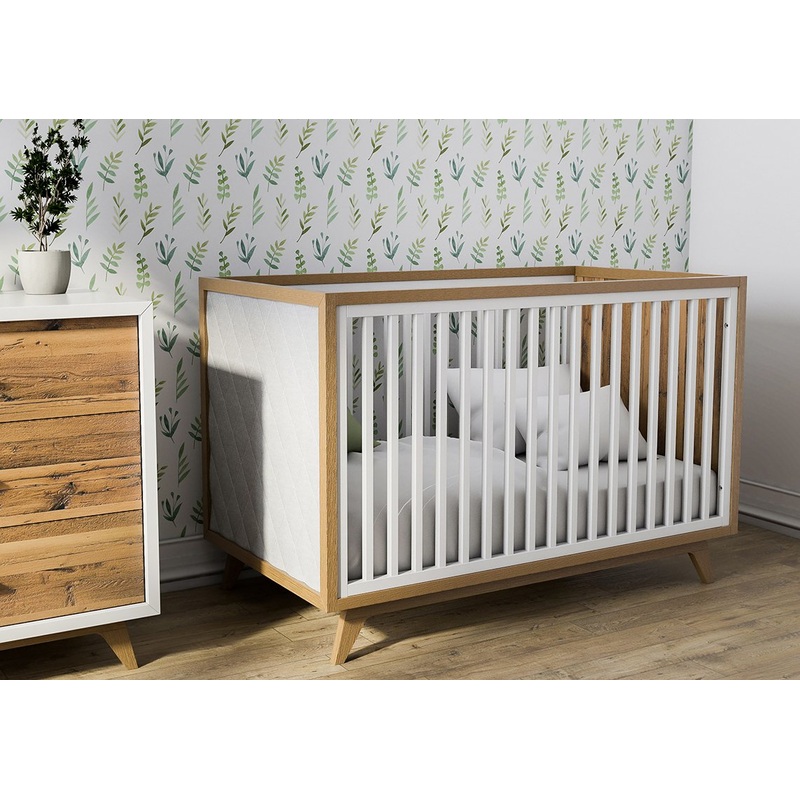Romina Uptown Classic Crib with Tufted Panels Bianco Satinato Beige Linen