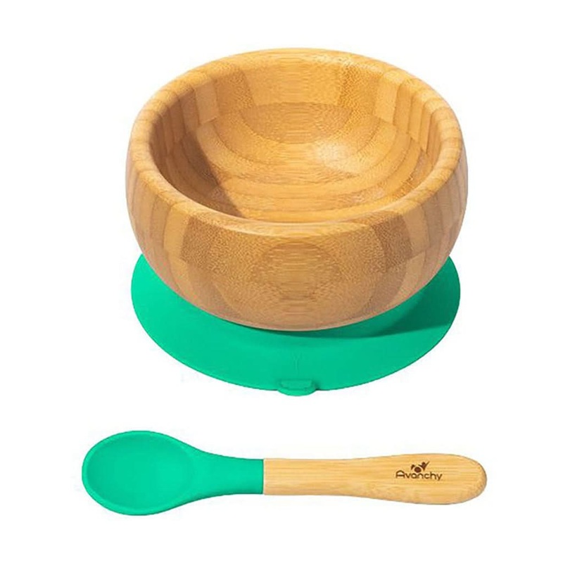 Avanchy Bamboo Suction Baby Feeding Bowl & Spoon Set Green