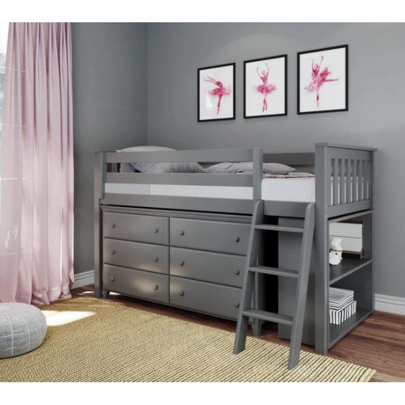 Jackpot Deluxe Twin Storage Loft Bed with Dresser and Bookcase Grey