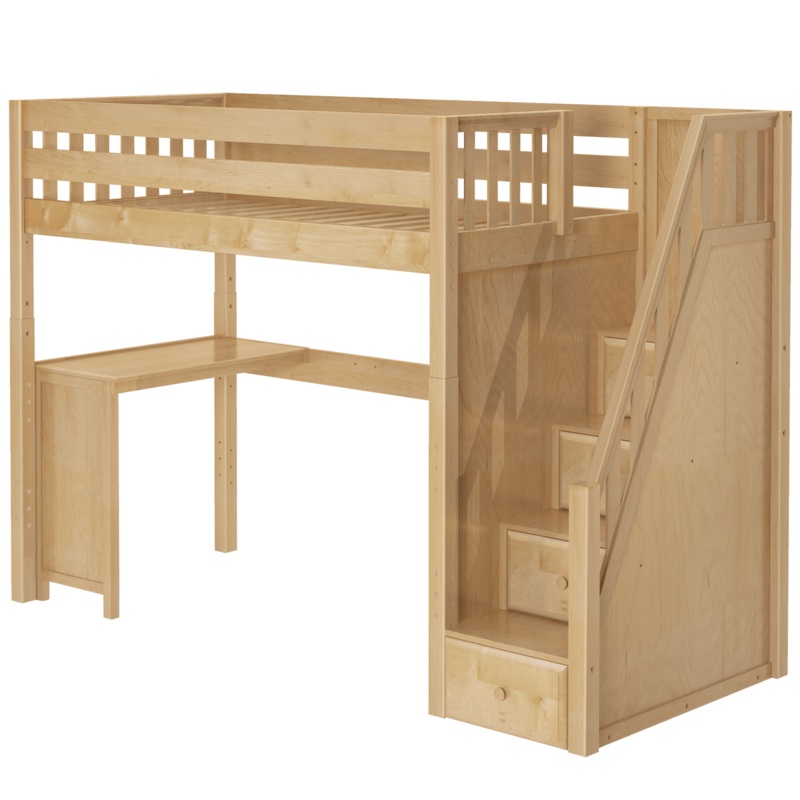 Maxtrix Twin High Loft Bed with Stairs + Corner Desk (800 Lbs. Rating) Natural Slat