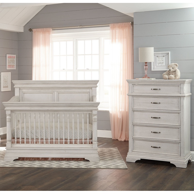 Stella Baby and Child Kerrigan 2 Piece Nursery Set in Rustic White – Crib and 5 Drawer