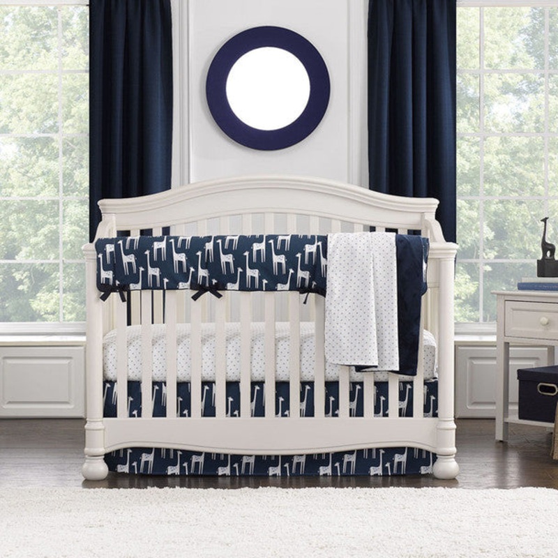 Liz and Roo Navy Giraffe Bumperless Crib Bedding 3 pc set