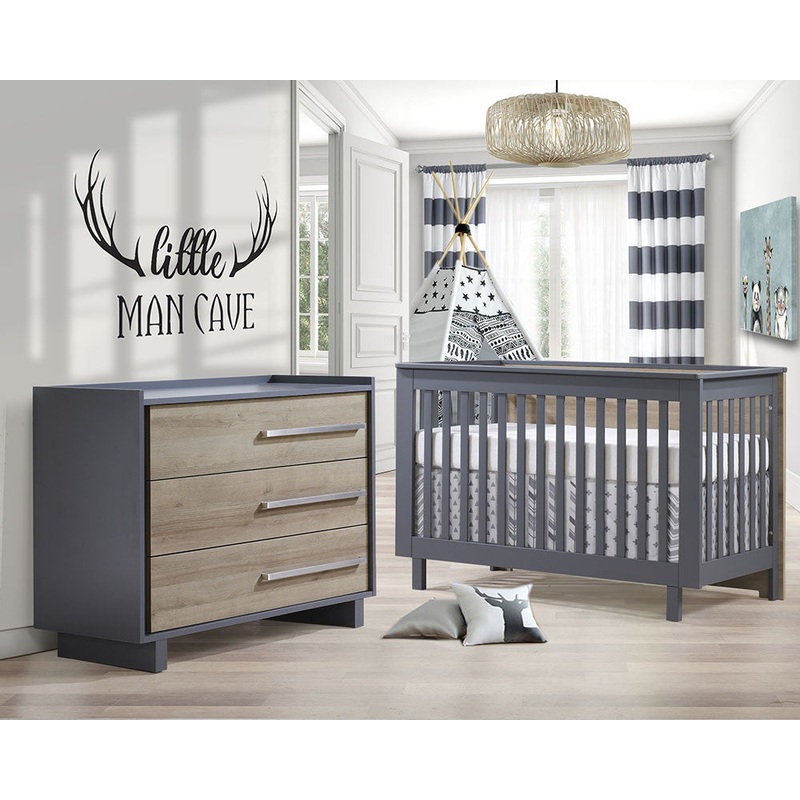 Tulip Urban Convertible crib and 3 Drawer Dresser XL Charcoal/Natural