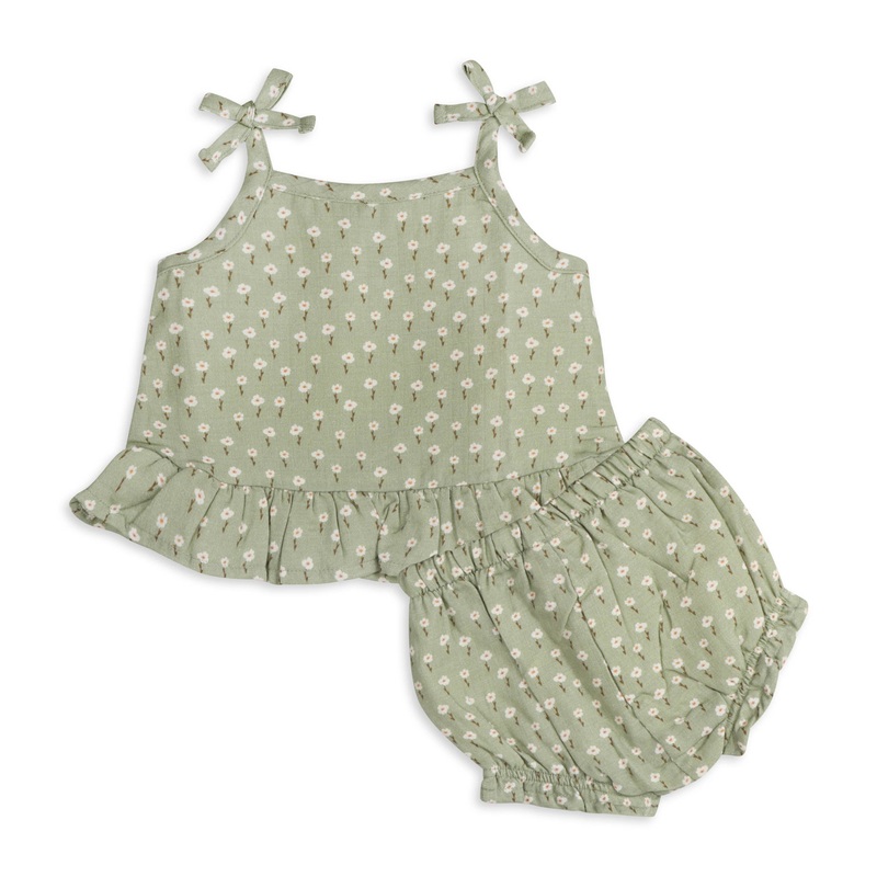 Sage Floral Shoulder Tie Baby Top + Shorts (Organic Muslin): SAGE / 0-3M