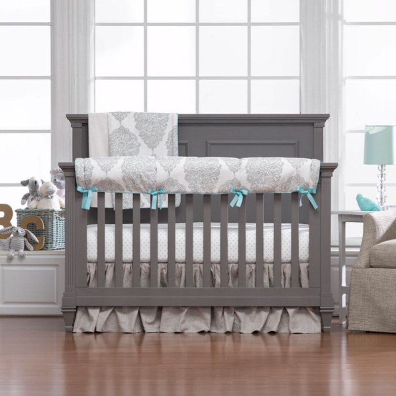 Liz and Roo Harper Bumperless Crib Bedding 3-Piece Set in Taupe/Aqua
