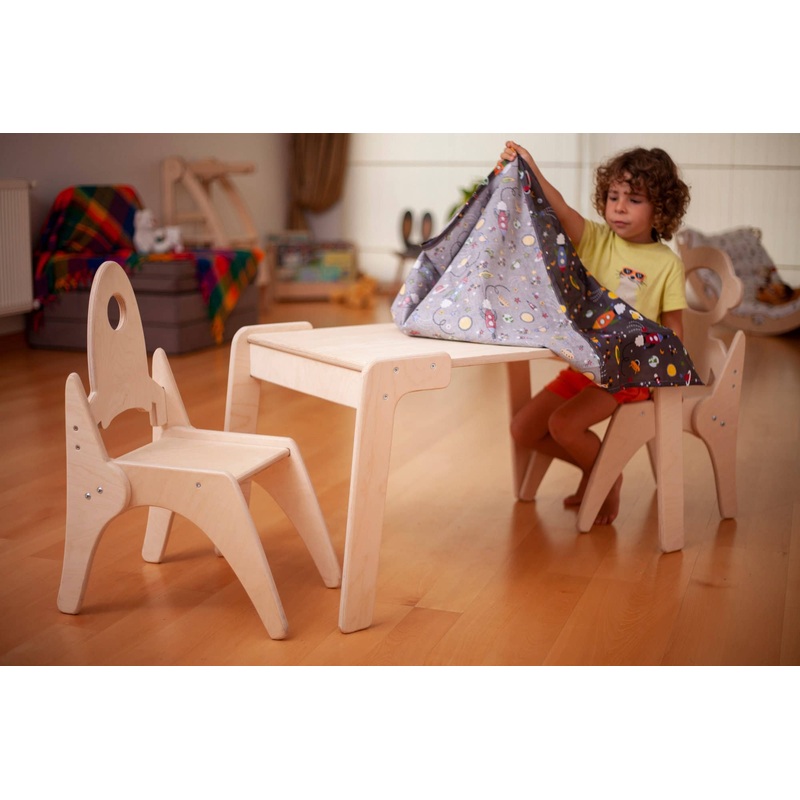 Toddler Chair and Table Set of 5, Wooden Chair and Desk: Table + 2 Chairs