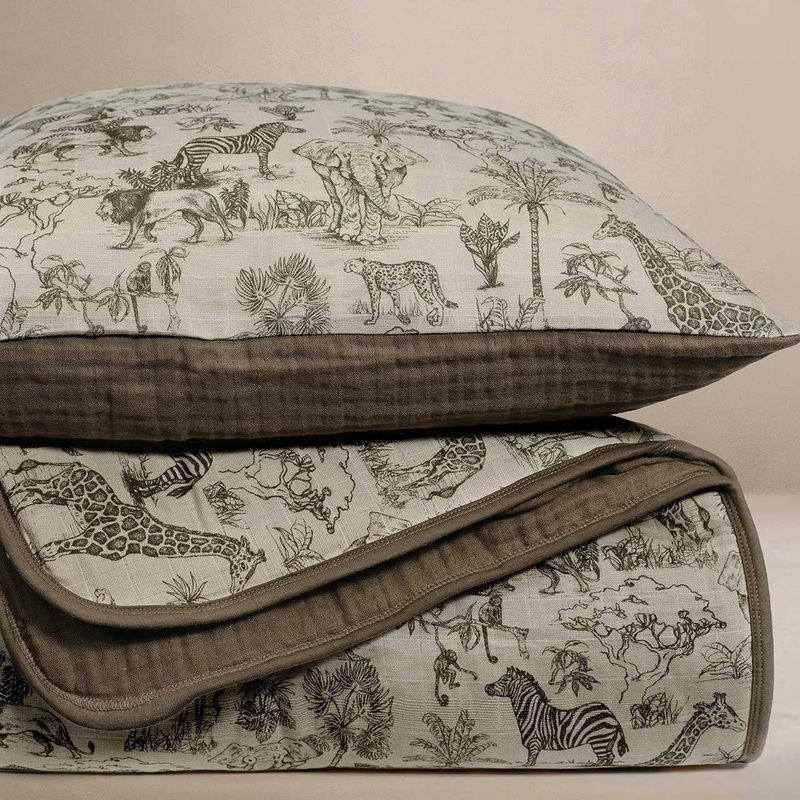 Oilo Fable Blanket- Quilt- Vintage Safari & Bark Organic Muslin 45 X 60″