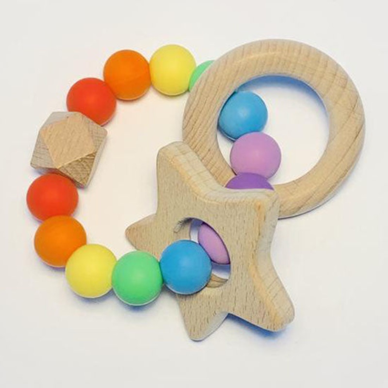 Sugar + Maple Silicone with Beechwood Teether – Rainbow Baby