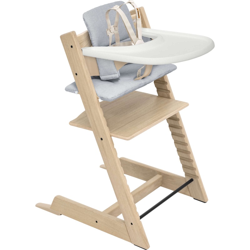 Stokke Tripp Trapp High Chair Oak with Cushion + Stokke Tray Natural + Nordic Blue Cushion