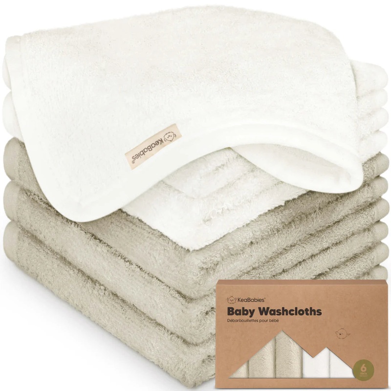 6 – Pack KeaBabies Baby Washcloths (White/ Stone)