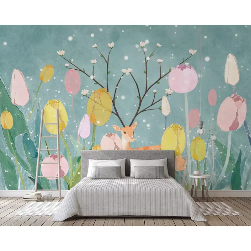 Kids Landscape Cartoon Tulip Floral Removable Wallpaper W:112″ x H:75″ Peel and Stick Vinyl