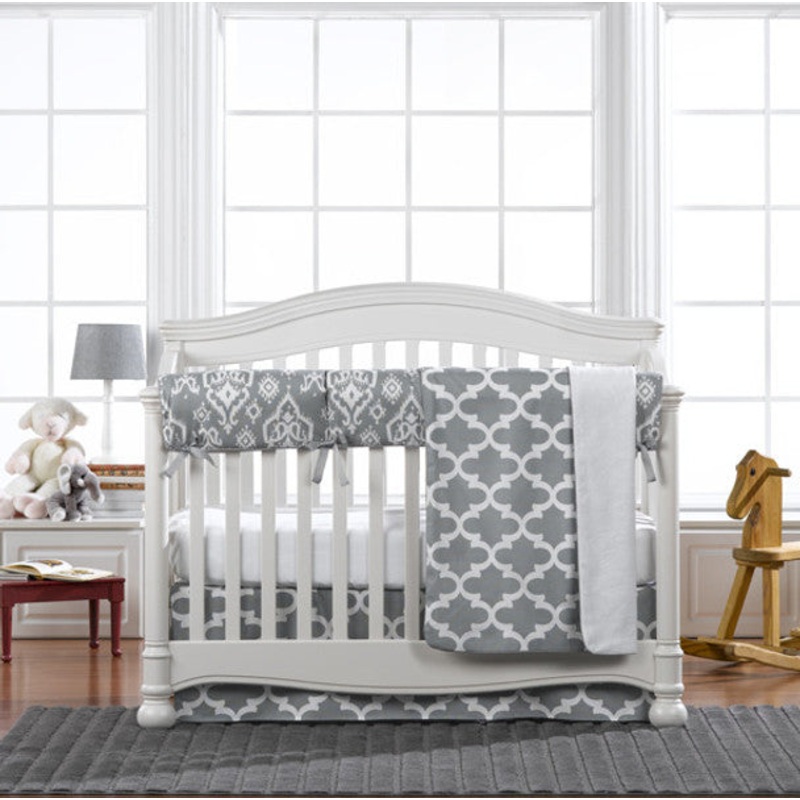 Liz and Roo Grey Trellis Bumperless Crib Bedding